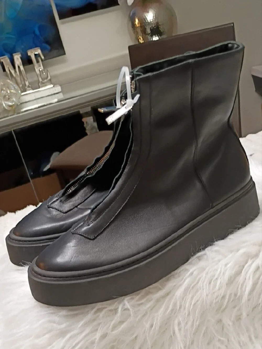 New Aquatalia Libera Made In Italy Black Leather Platform Ankle Boots EU 39